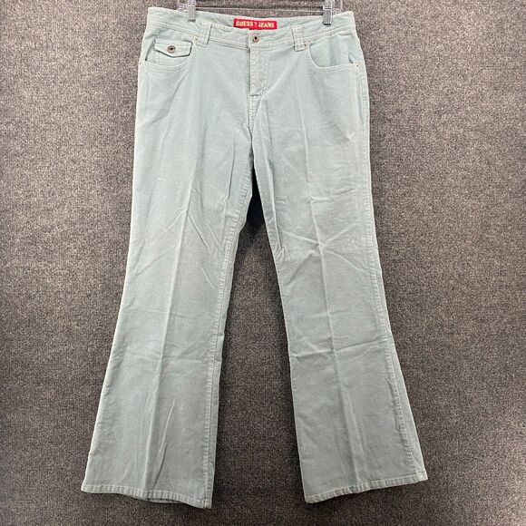 Guess Corduroy Pants Womens 34 Blue Mid Rise Flare Flap Pocket Ladies Hippie 90s - Picture 1 of 12